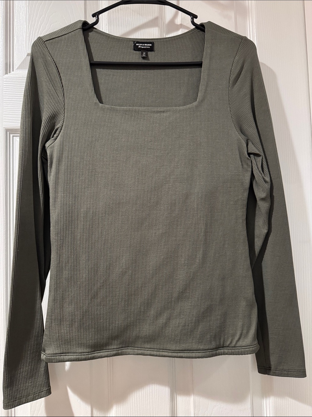 Olive Green Ribbed Square-Neck Long Sleeve Tee